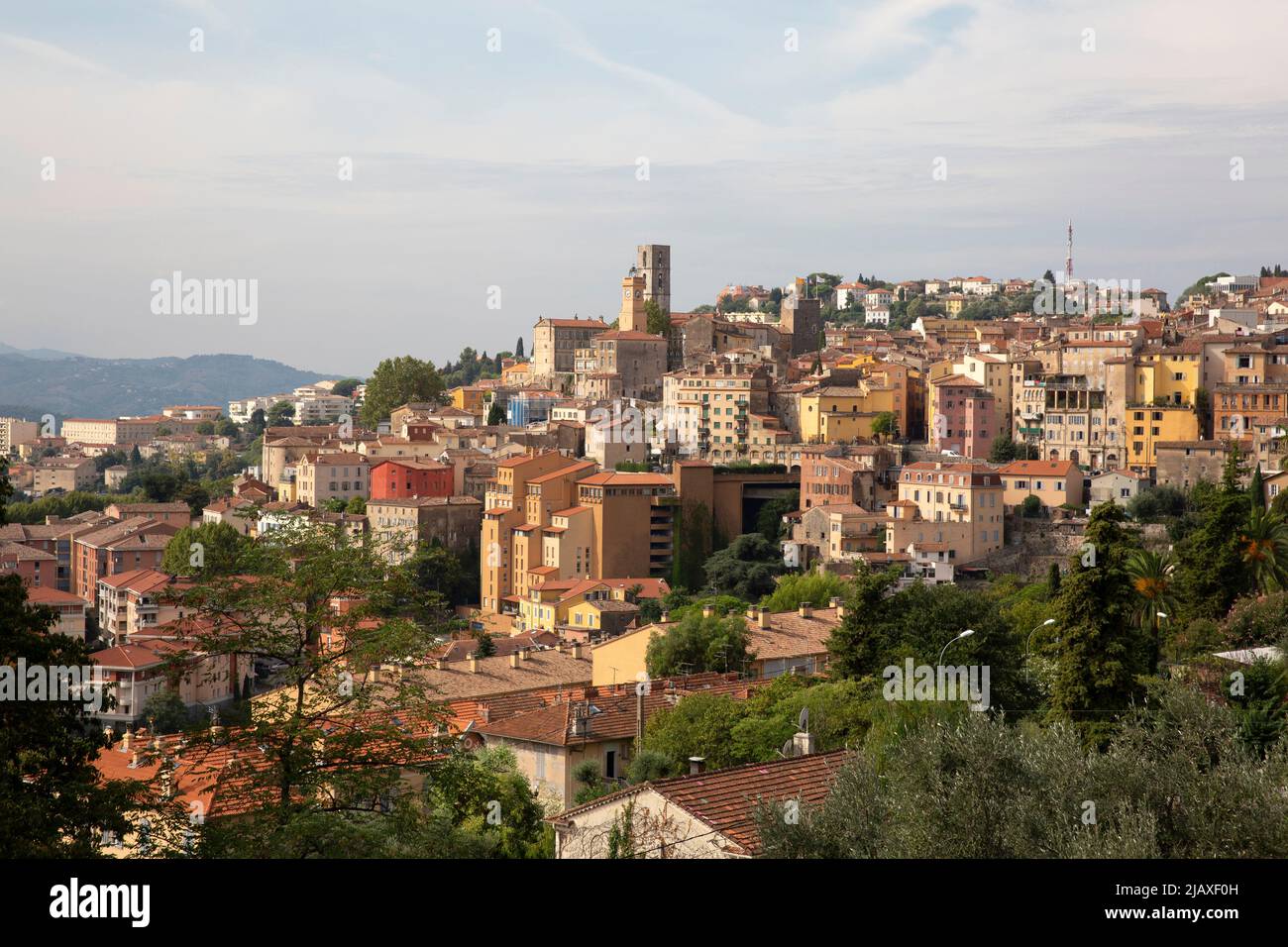 A view of Grasse, France on September 10, 2021. Grasse has had a prospering perfume industry since the end of the 18th century and is considered the world's capital of perfume. There are numerous of old 'parfumeries' in Grasse, such as Galimard, Molinard and Fragonard, each with tours and a museum. Many 'noses' ('Les nez' in French) are trained or have spent time in Grasse to distinguish over 2,000 kinds of scent. Grasse produces over two-thirds of France's natural aromas (for perfume and for food flavourings). This industry turns over more than 600 million euros a year. Photograph by Bénédict Stock Photo