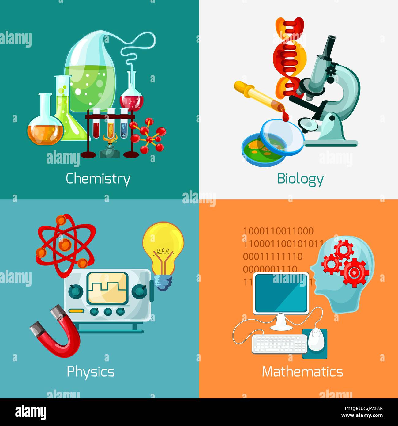 Science design concept set with chemistry biology physics mathematics icons isolated vector illustration Stock Vector