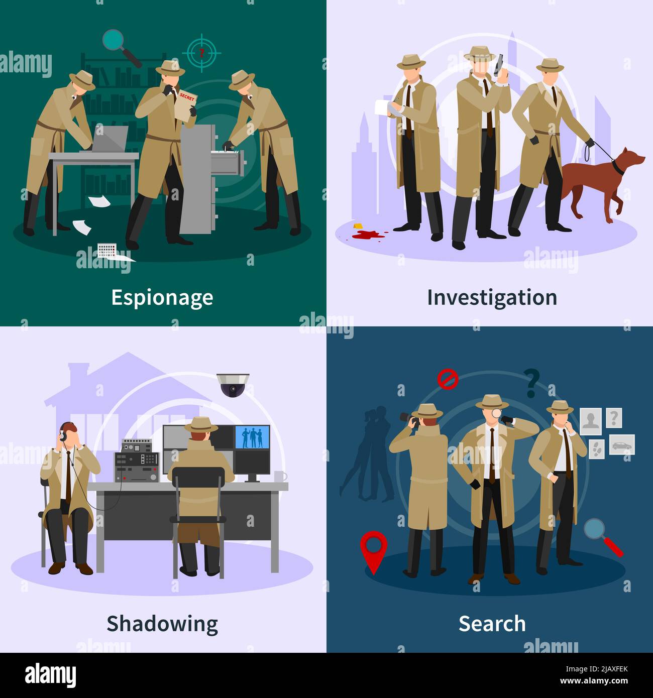 Spy flat concept with detectives dressed in brown coat and involving in