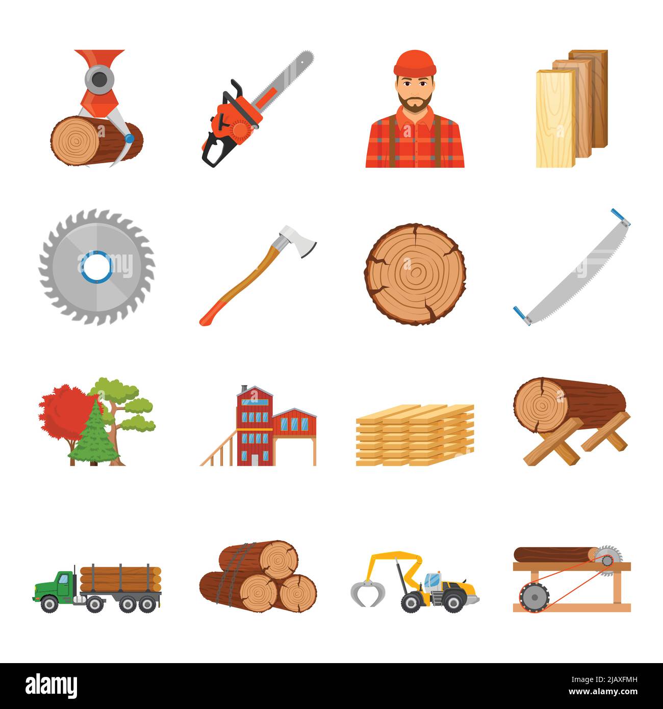 Sawmill timber flat isolated icons set with professional equipment tools and goods images on blank background vector illustration Stock Vector