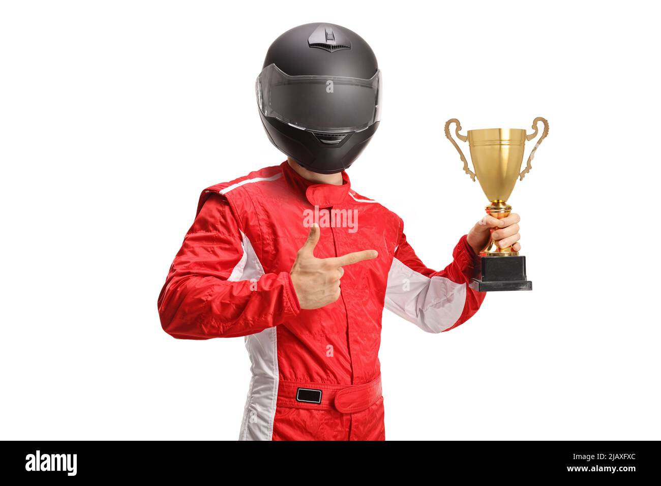 Car racer winner with a black helmet holding a gold trophy cup and
