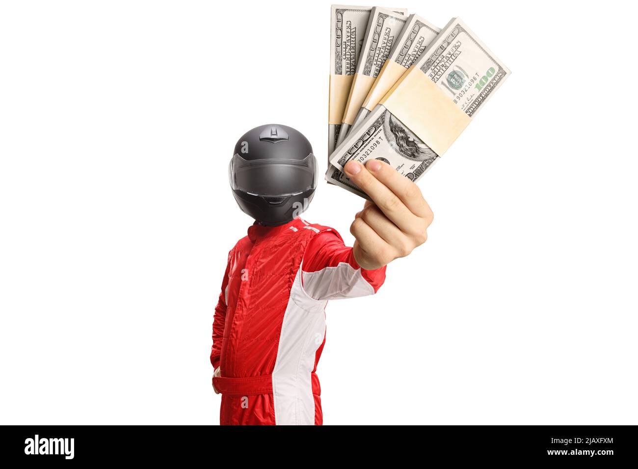 Racer with a helmet holding stacks of money isolated on white background Stock Photo