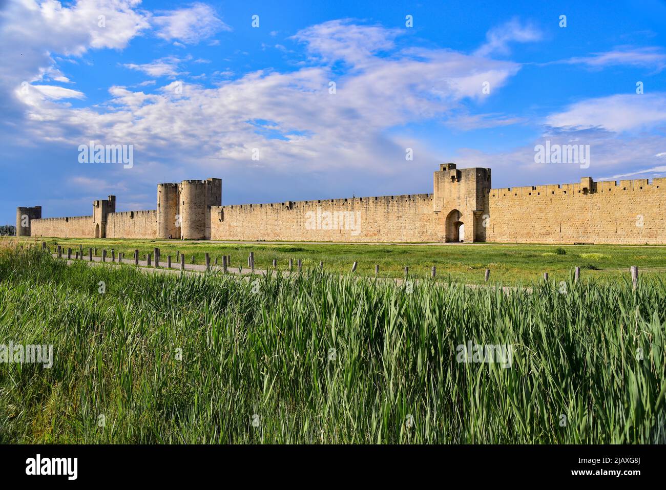 Historical ramparts of the town of Aigues-Mortes in the Camargue, Gard department, Occitania, France, Europe Stock Photo