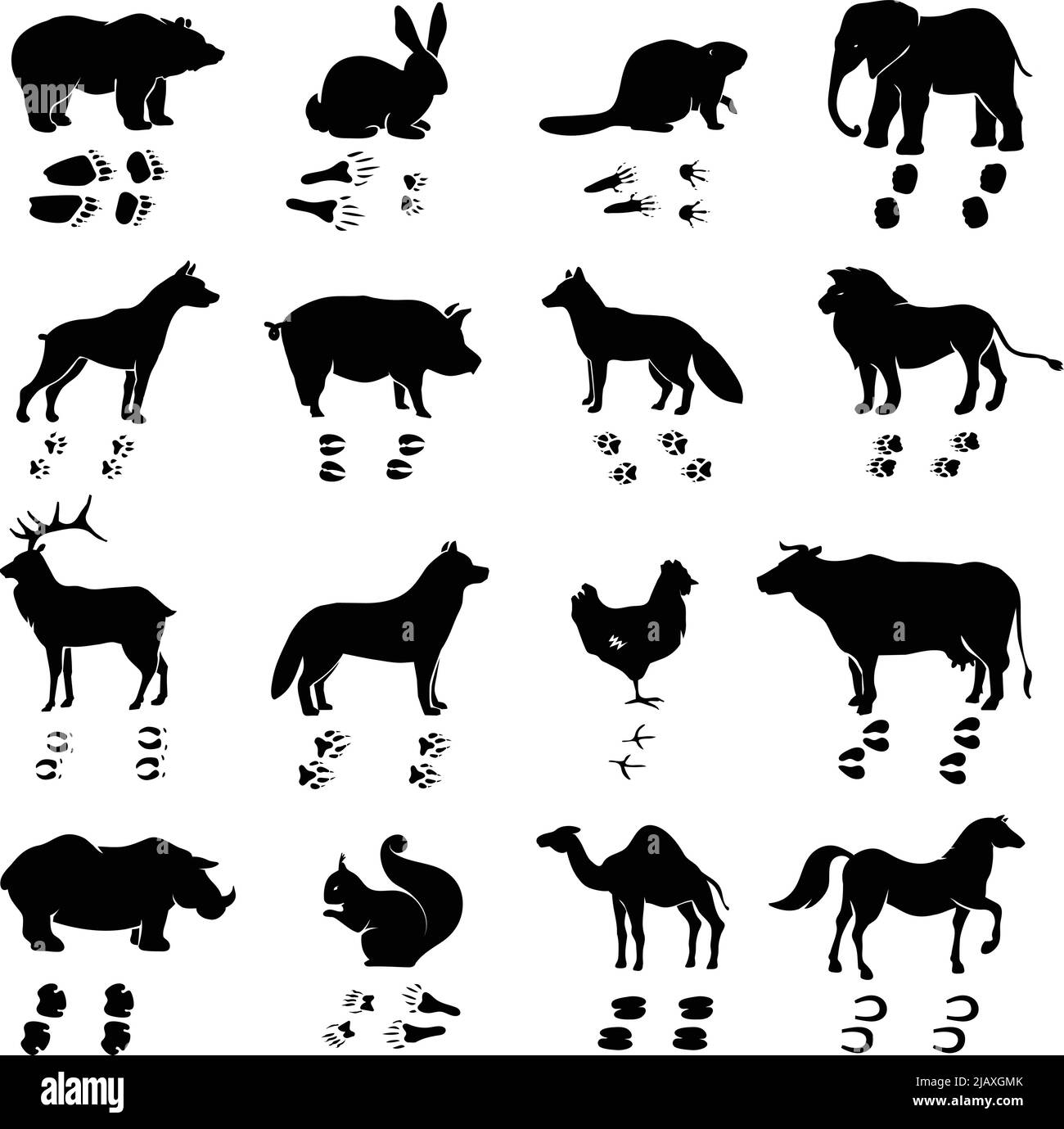 Wild and domestic animals and birds silhouettes with their tracks monochrome set isolated on white background flat vector illustration Stock Vector