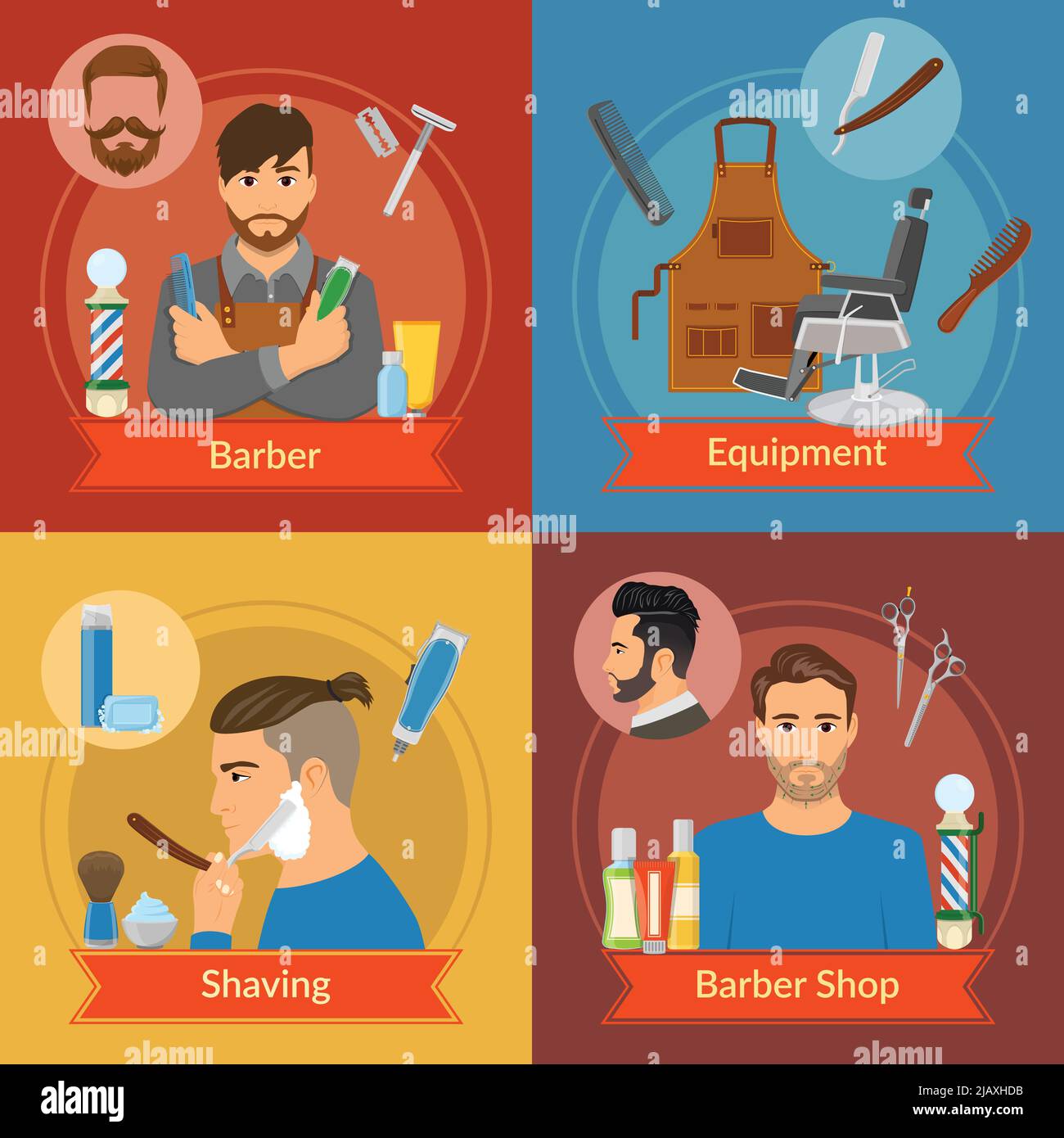Compositions with red ribbon in flat style with hairdresser and ...