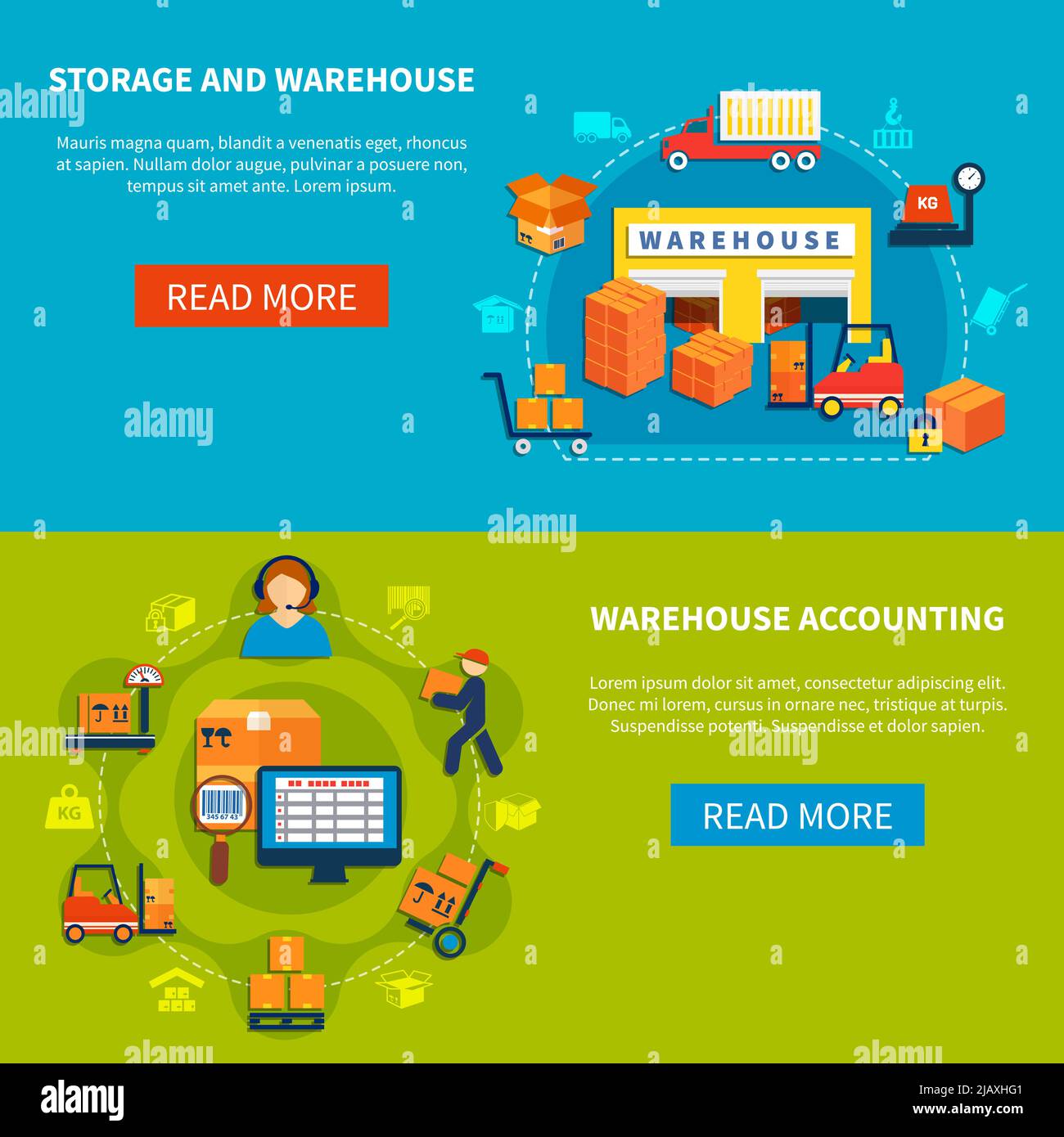 Two horizontal logistic banner set with storage and warehouse and ...