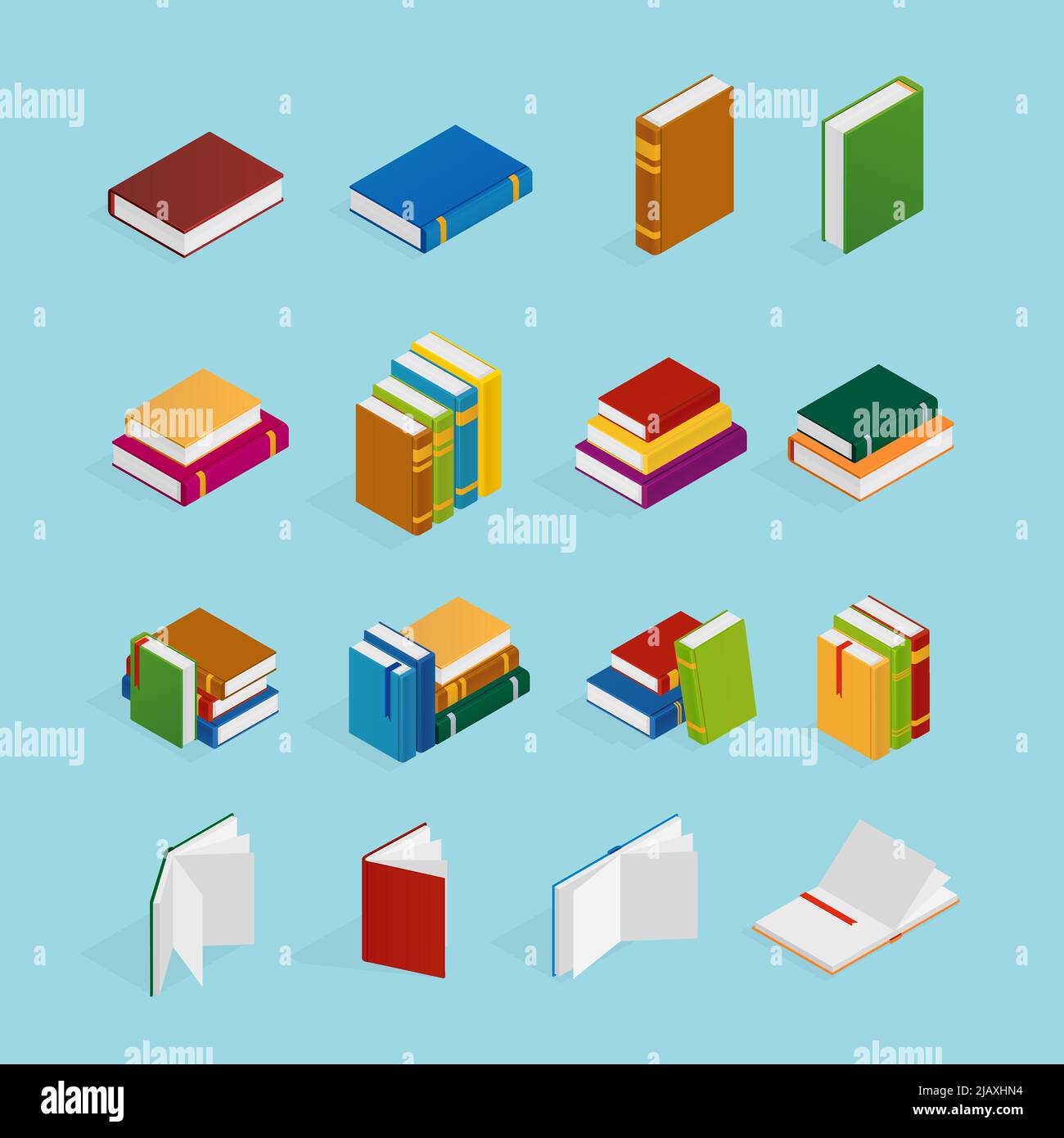 Set of isometric icons with books in colorful covers with bookmarks on blue background isolated vector illustration Stock Vector