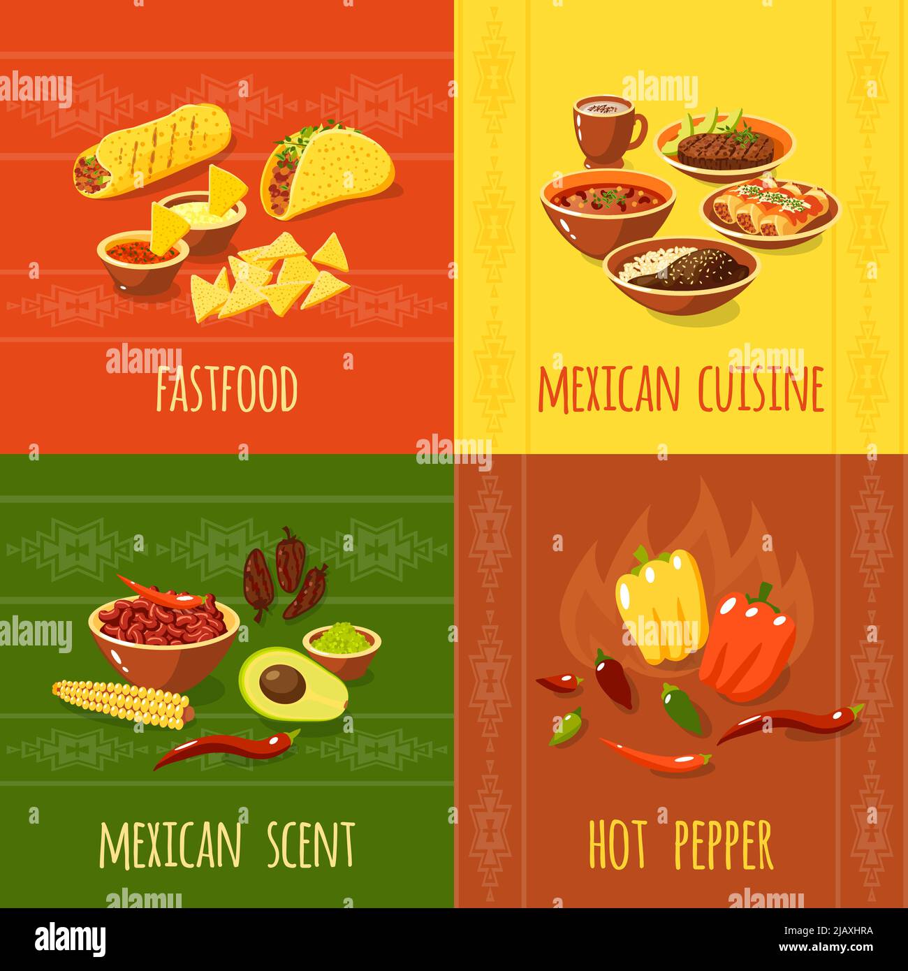 Mexican design concept set with fastfood cuisine scent hot pepper icons isolated vector illustration Stock Vector