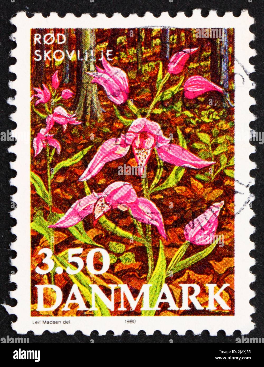 DENMARK - CIRCA 1990: a stamp printed in the Denmark shows Red Helleborine, Endangered Plant Species, circa 1990 Stock Photo
