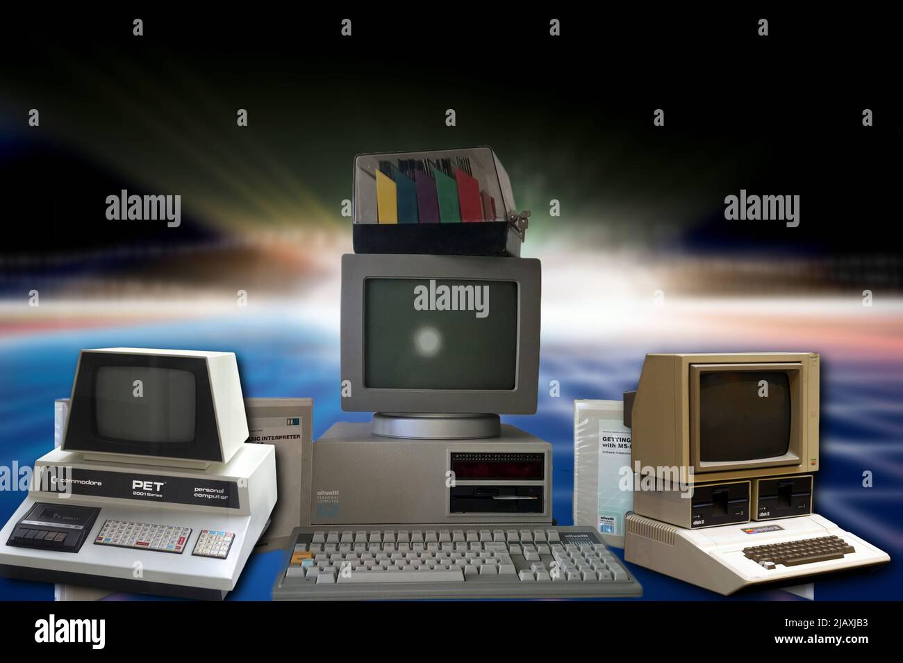 Commodore PET, Apple II, Olivetti M20, three iconic computers that have marked in the 80s, the history of Personal Computers Stock Photo