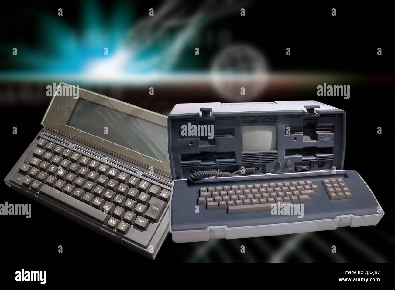 Computer Archaeology - Osborne I and the Olivetti M10 both from 1983, represent the first laptops at the beginning of the computer revolution Stock Photo