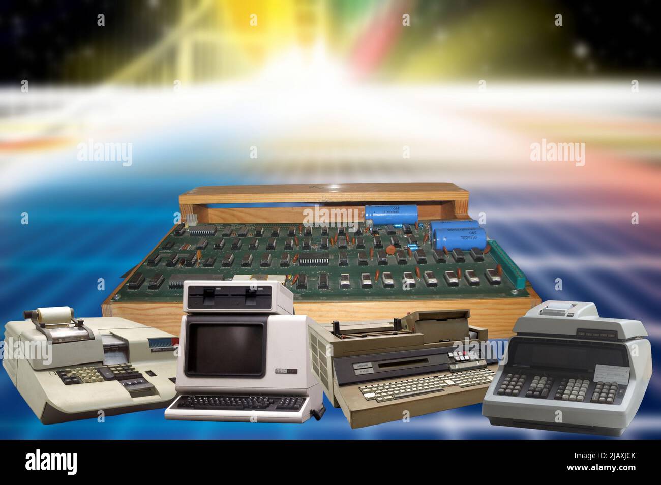 Olivetti Programma 101, Hewlett-Packard 9100A, Apple I, and other computers that from the 60s to the end of the 70s, began the computer revolution Stock Photo