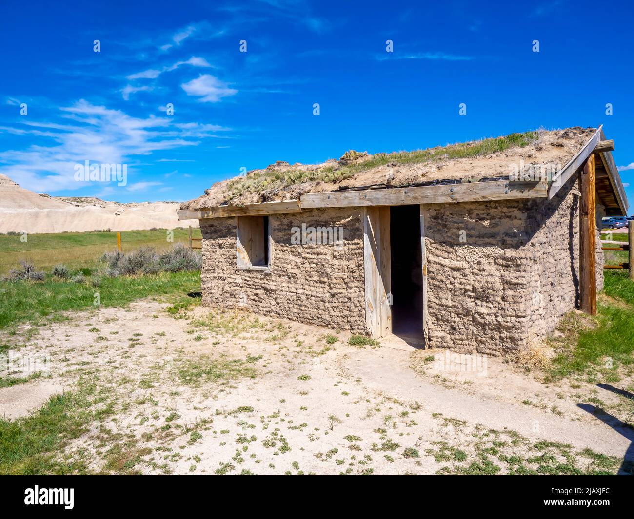Historic plains cabin at Toodstool Geologic Park near Crawford Nebraska USA Stock Photo