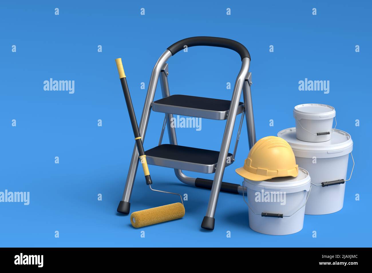 Set of folding ladder, bucket, safety helmet with paint rollers and