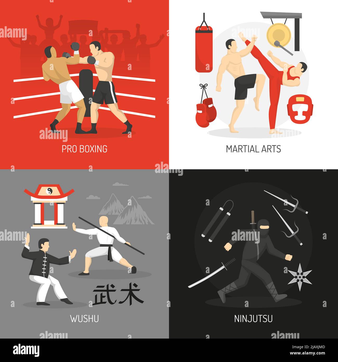 Martial arts concept with boxing chinese fighting school ninja and edged weapon training equipment isolated vector illustration Stock Vector