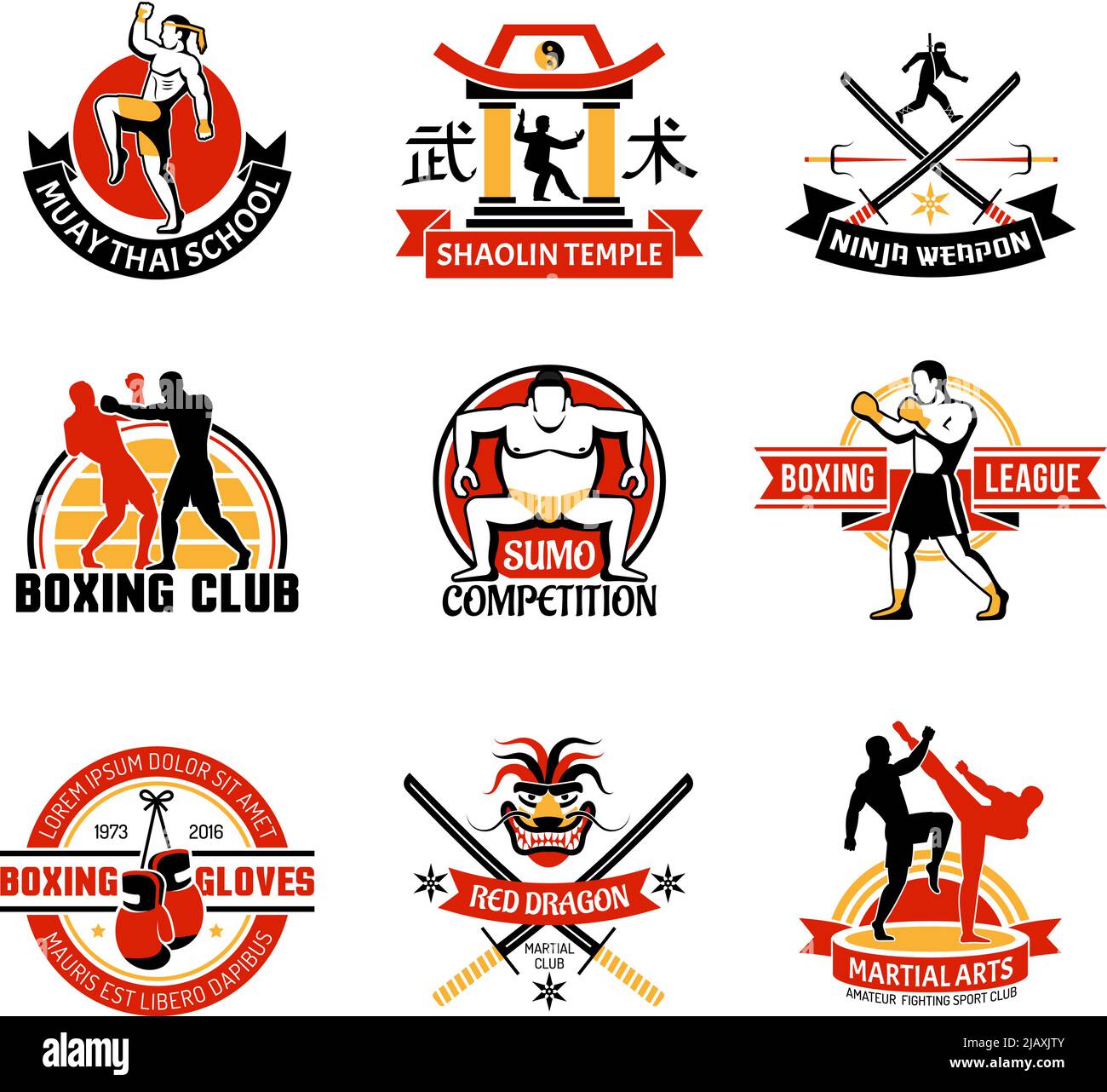 Martial clubs colorful emblems with edged weapon sumo boxing chinese
