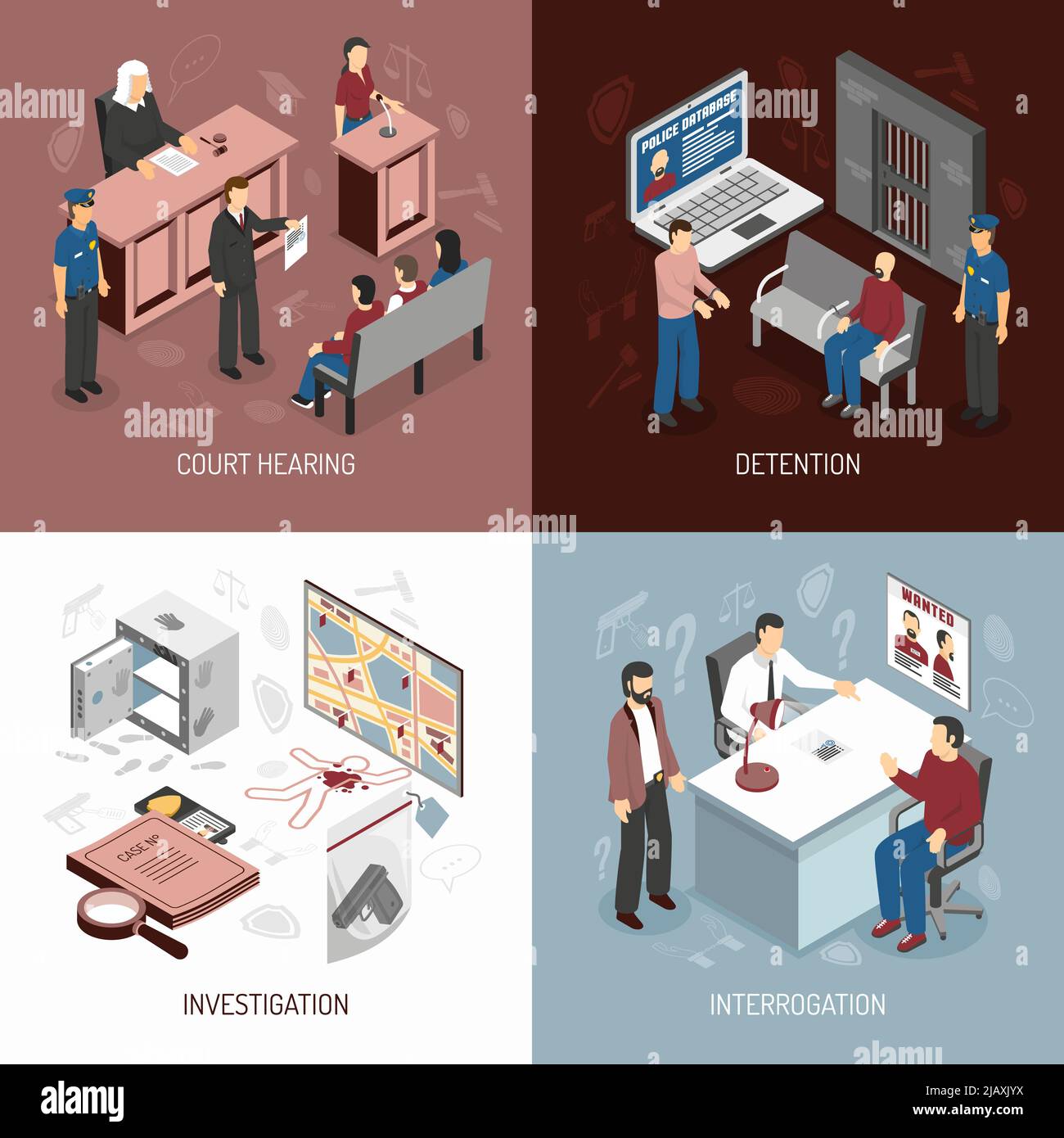 Incrimination Law system isometric concept with arrest of criminals court hearing ...