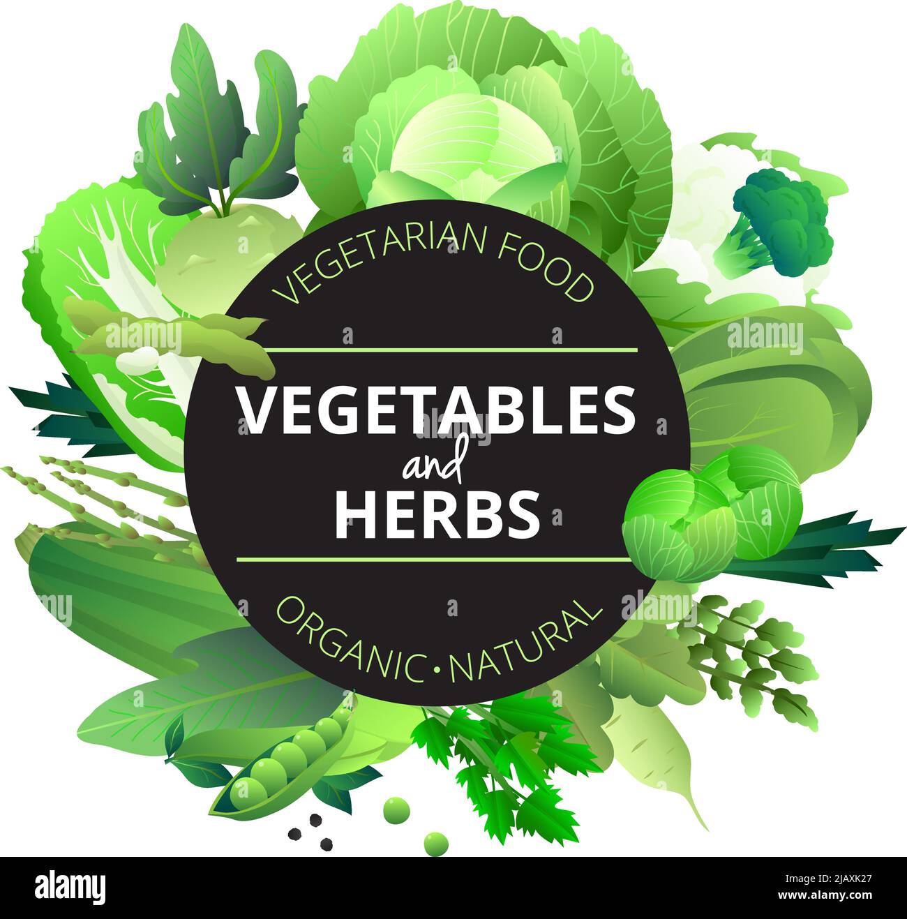 Natural organic vegetables and herbs round frame with cabbage courgette ...