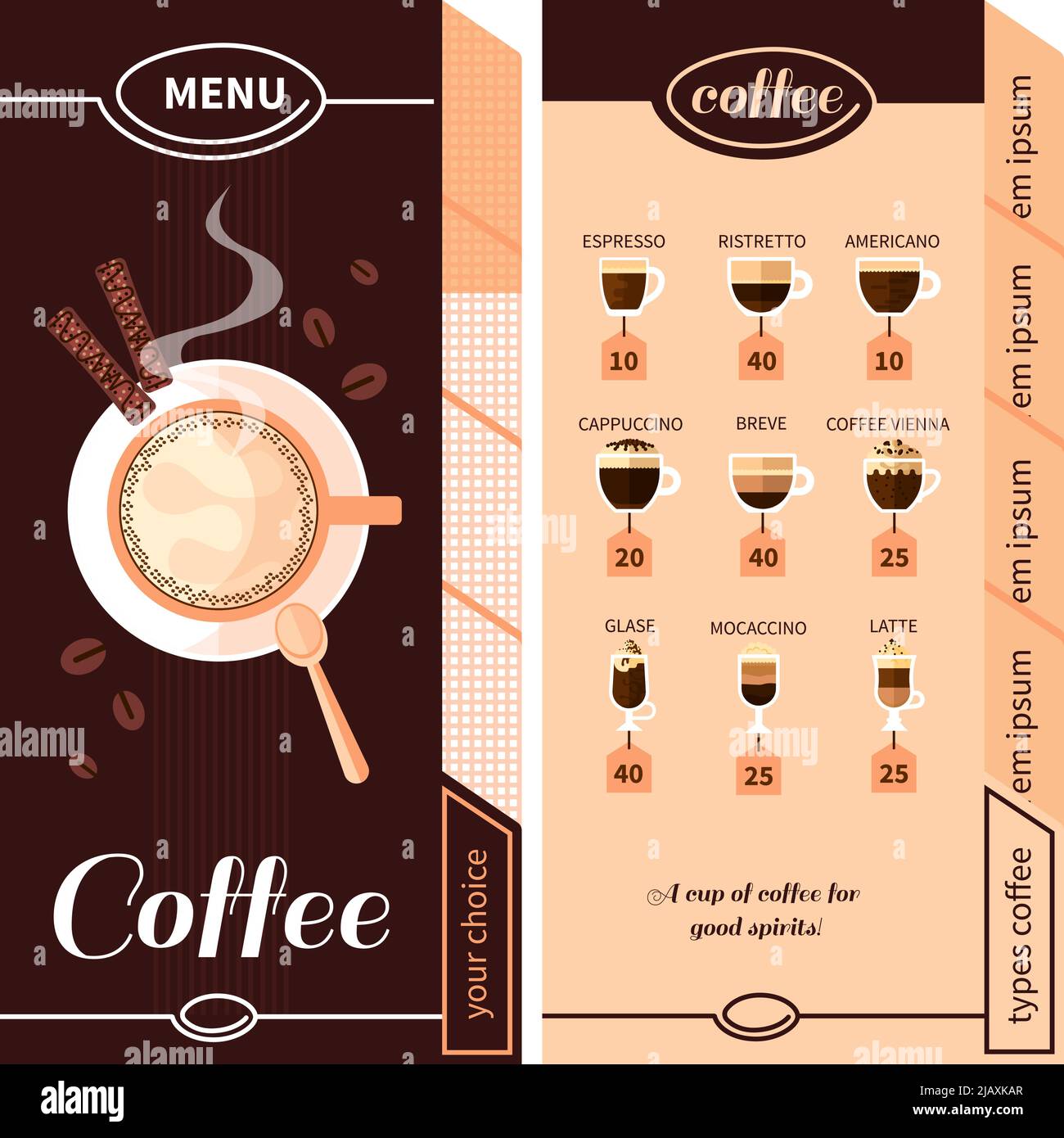 Coffee menu design for coffeehouse restaurant cafe or bar with names of coffee types plate and
