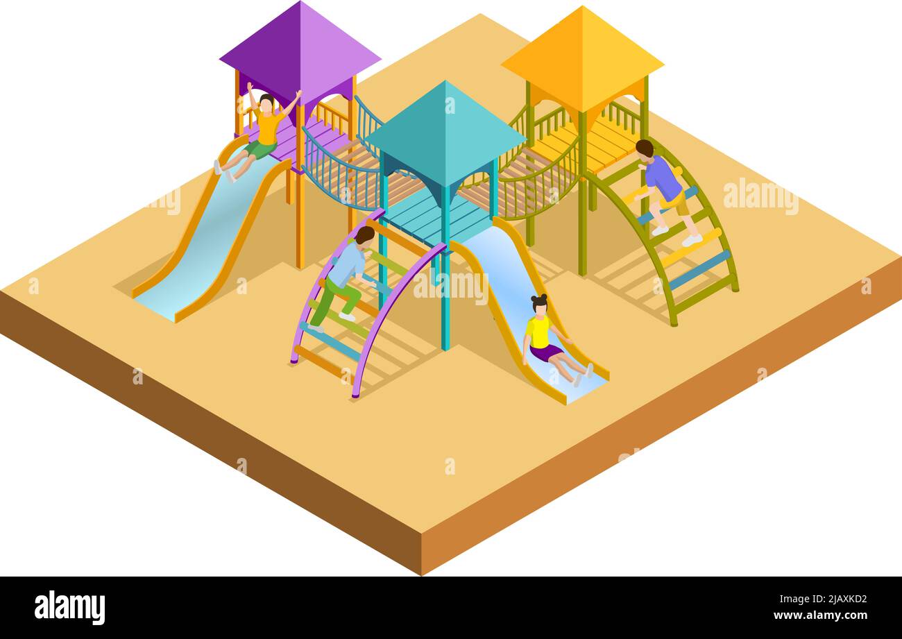 Colored isometric playground composition little childrens slides with which children are slipping vector illustration Stock Vector