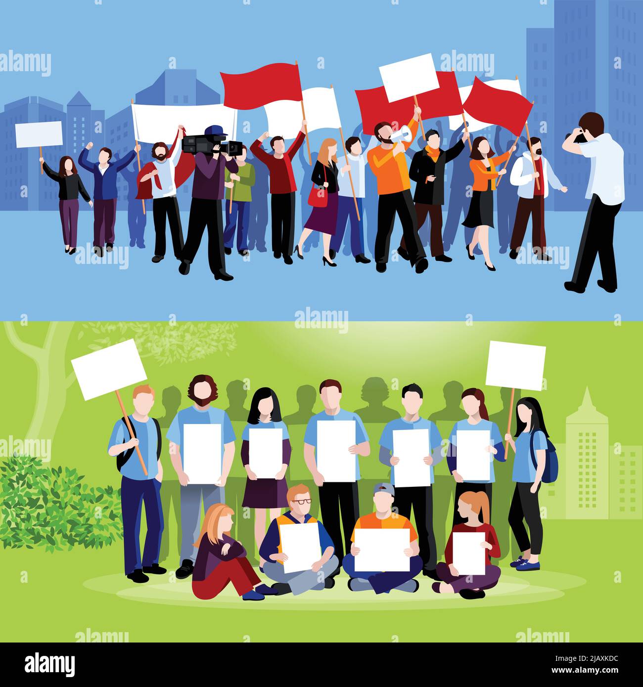 Flag Protest Vector Demonstration protest people holding placards megaphones and flags and ...