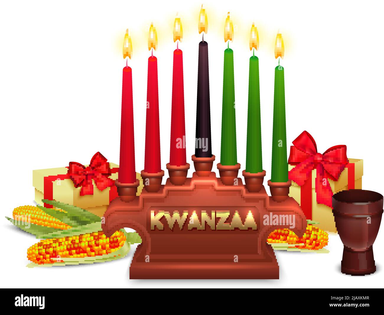 African americans kwanzaa holiday symbols composition poster with candles holder traditional presents corn ears and colors vector illustration Stock Vector