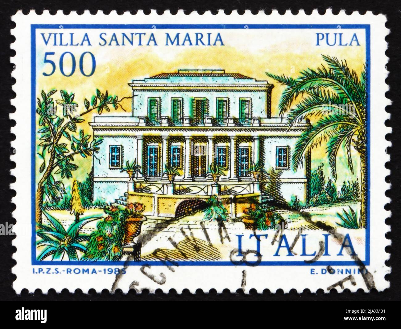 ITALY - CIRCA 1985: a stamp printed in the Italy shows Villa Santa Maria, Pula, Sardinia, Italia, circa 1985 Stock Photo