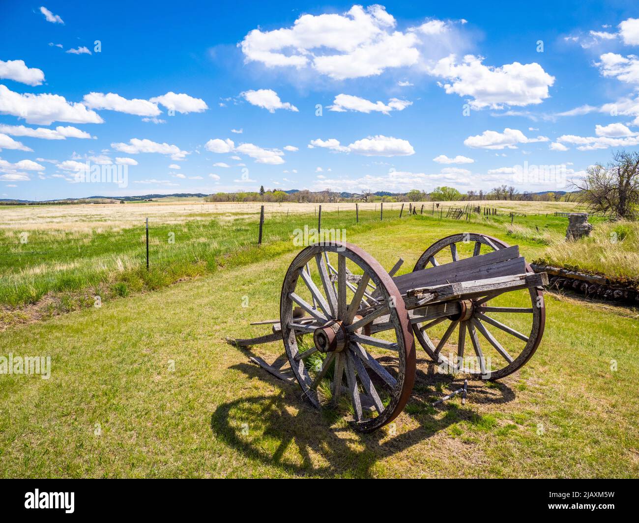 Old wagon wheels at the Museum of the Fur Trade in Chadron Nebraska USA Stock Photo