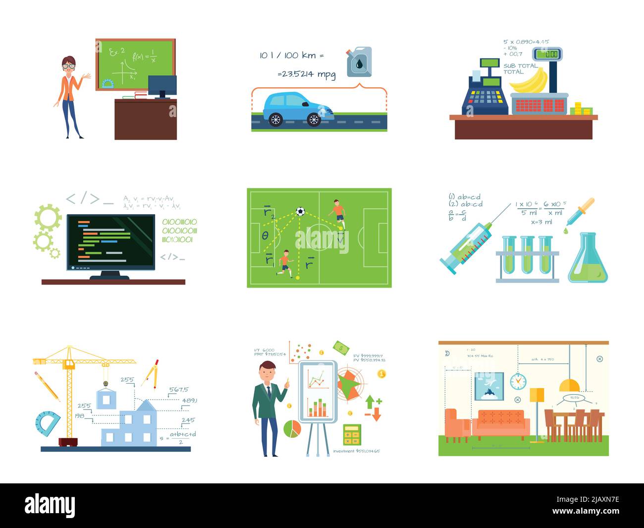 Mathematics conceptual compositions set with business building programming chemistry trading and other enterprises using mathematical calculations vec Stock Vector