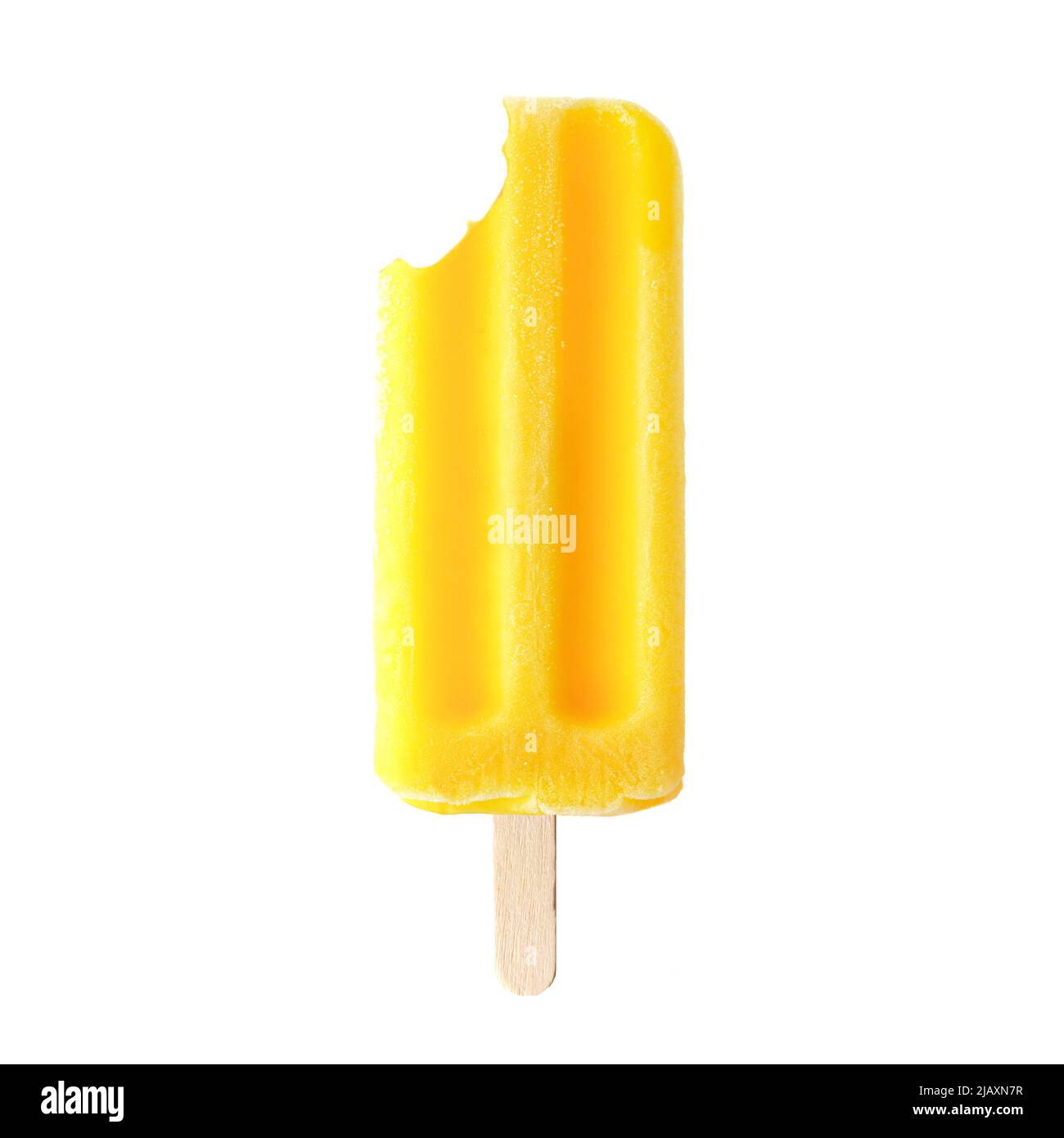 Single yellow summer popsicle with bite removed, isolated on a white background Stock Photo