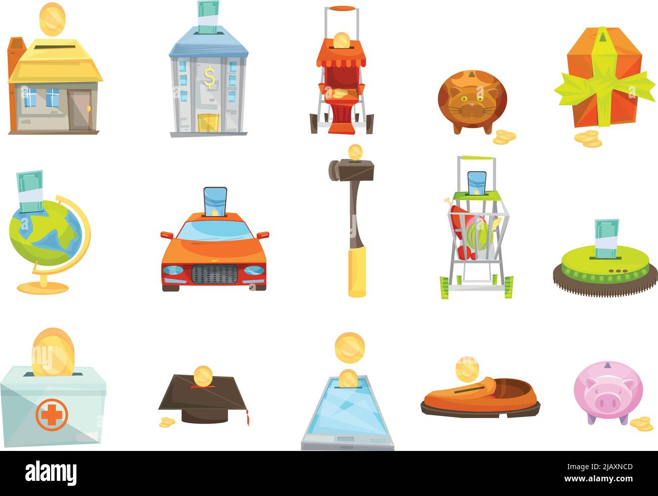 Money box isolated icons set with conceptual images of various valuable ...