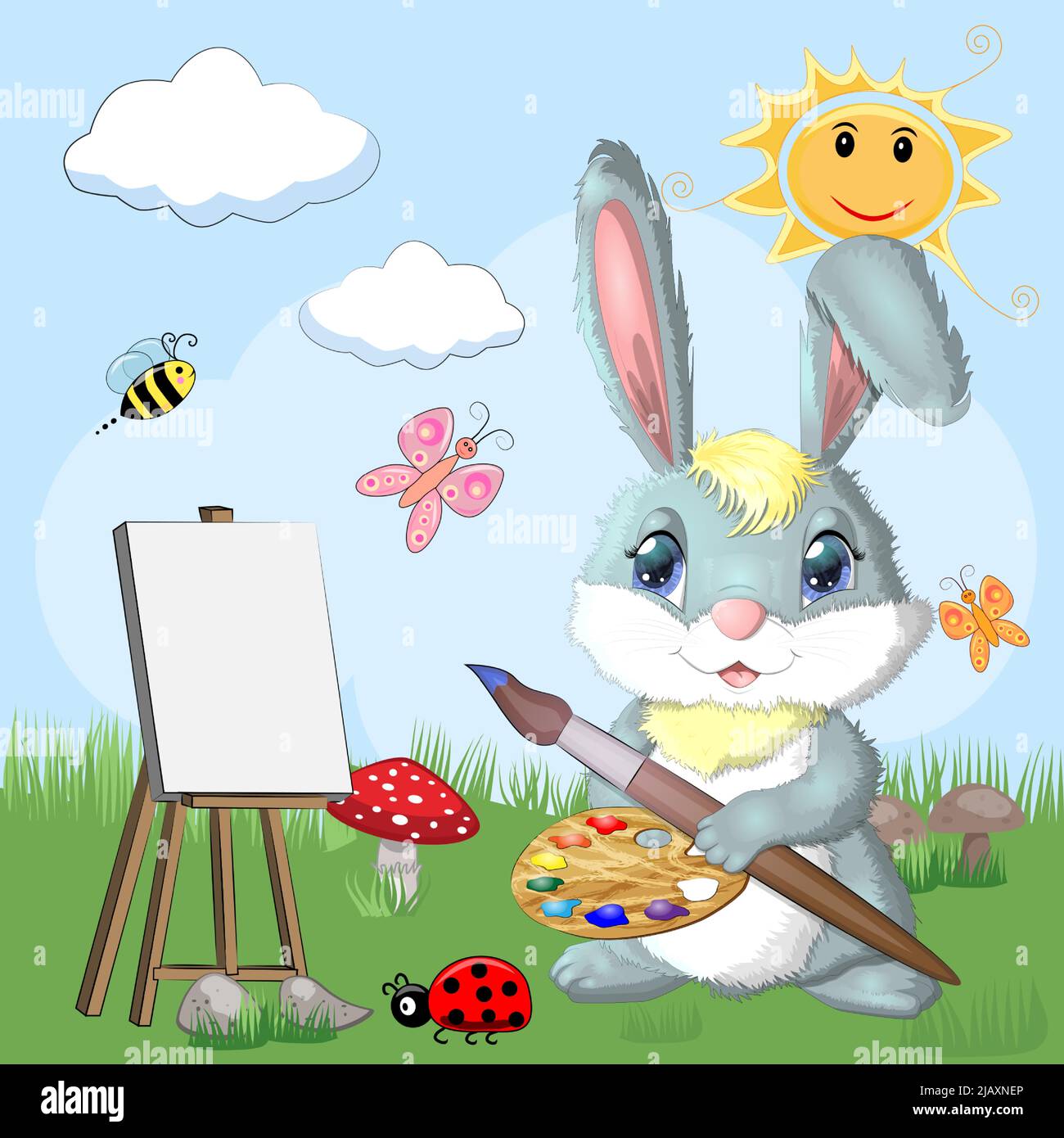 Khalifa burj fireworks arabianbusiness Cartoon rabbit, hare artist with brush, paints, easel. Cute child character, symbol of 2023 new