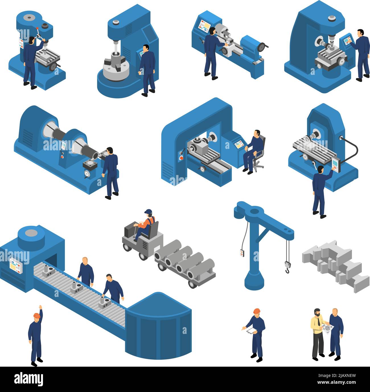 Isometric set of workers near machine tools with computer technologies including crane and loader isolated vector illustration Stock Vector
