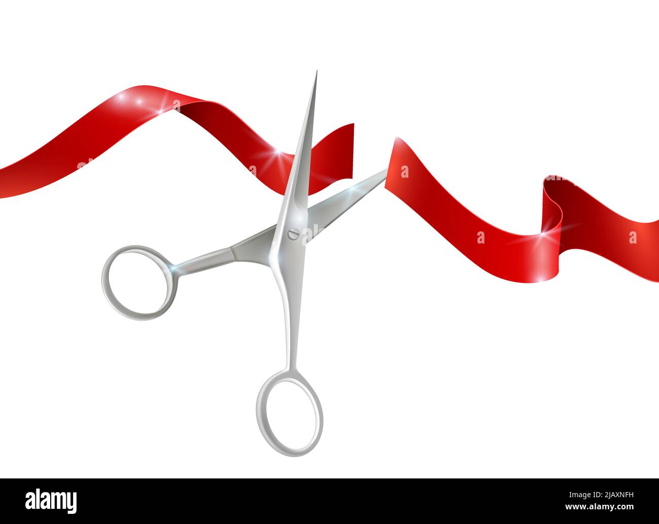 Metal scissors for cutting and red silk  ribbon realistic vector illustration Stock Vector