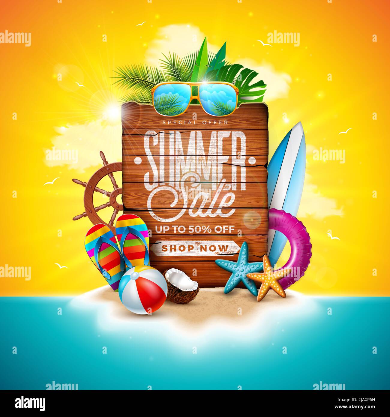 Summer Sale Design with Flower, Beach Holiday Elements and Exotic Palm ...