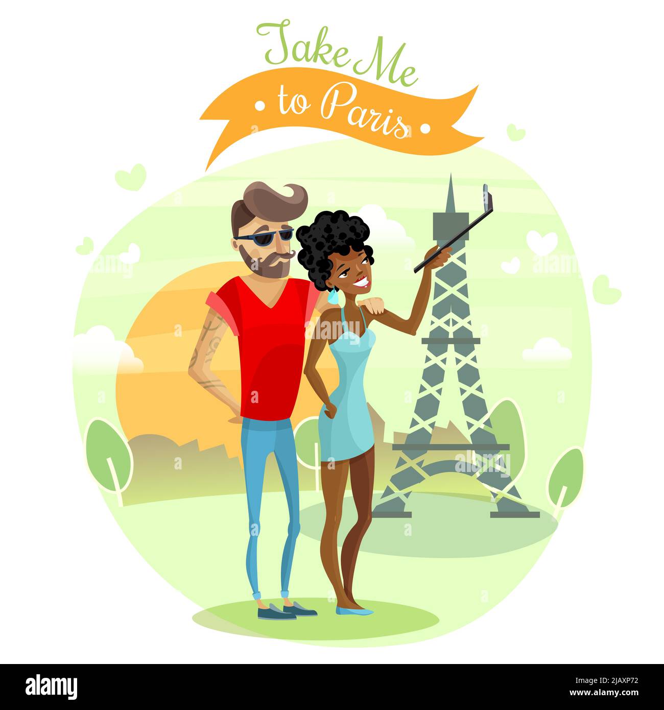 Romantic journey with couple sightseeing and taking photos in Paris cartoon vector illustration Stock Vector