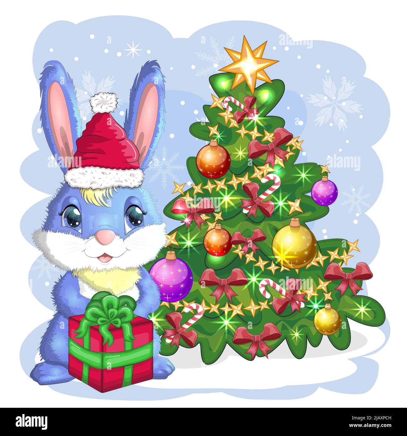 Cute cartoon bunny in Santa's hat near 