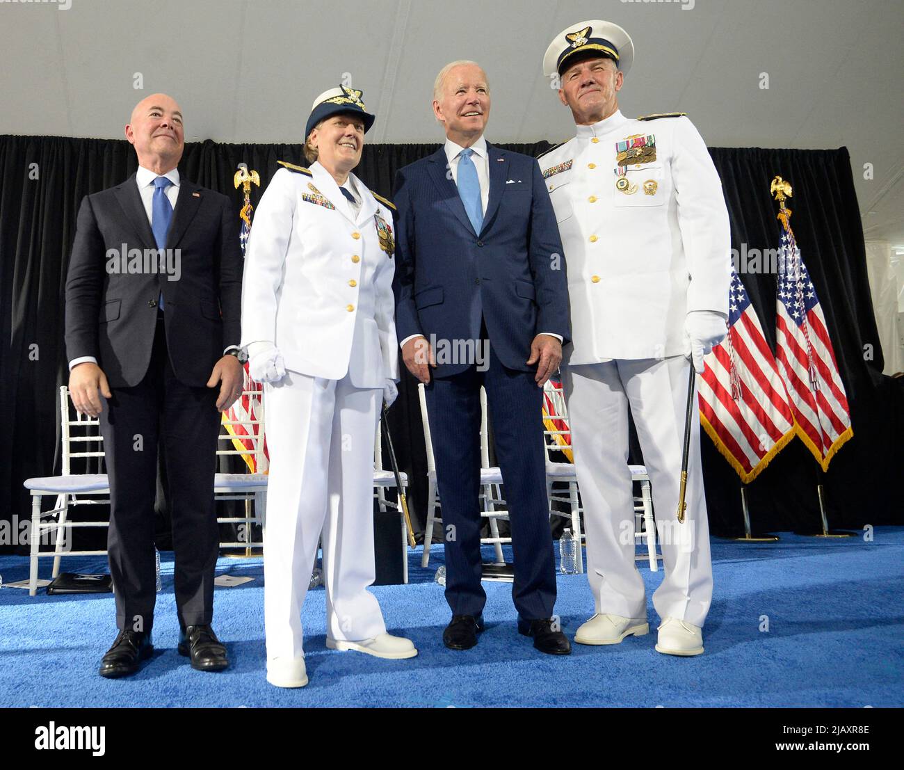 President Joe Biden (2nd R) and Homeland Security Secretary Alejandro Mayorkas (L) participate in a change of command ceremony with outgoing Commandant Adm. Karl L. Schultz and incoming Commandant Adm. Linda Fagan at U.S. Coast Guard Headquarters in Washington, DC on Wednesday, June 1, 2022. Photo by Bonnie Cash/Pool/ABACAPRESS.COM Stock Photo