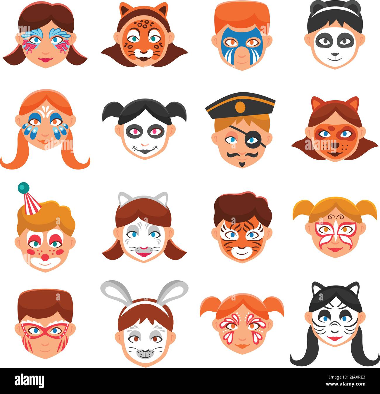 Face Paint For Children Icons Set. Painted Faces Vector Illustration.  Greasepaint For Kids Flat Symbols. Makeup For Children Design Set. Painted  Faces Stock Vector Image & Art - Alamy