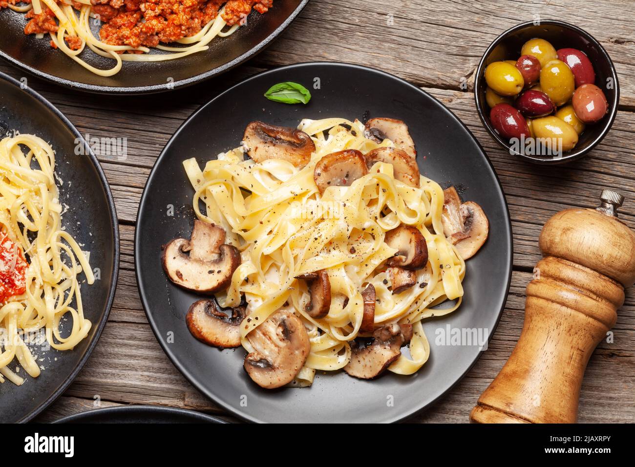 Various Italian pasta. Mushroom and tomato sauce pasta, spaghetti