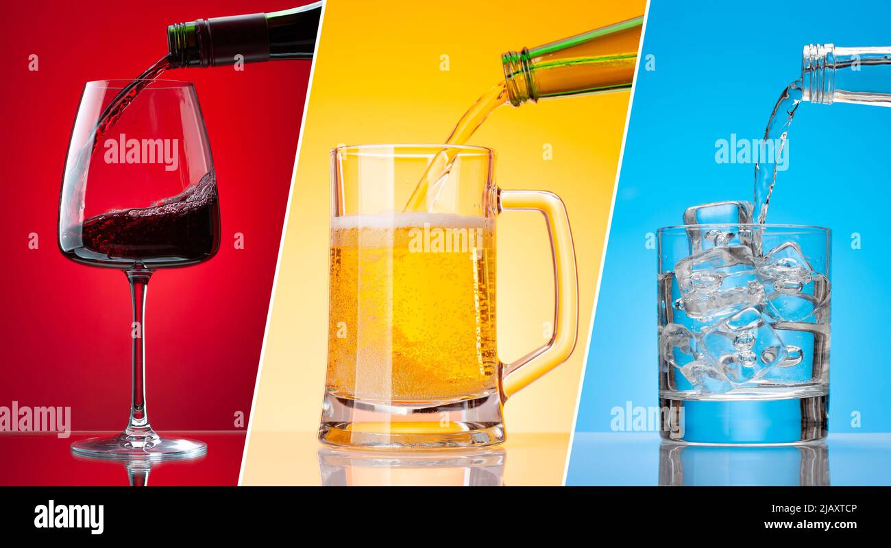 Red wine, beer and water pouring from bottles over colorful background