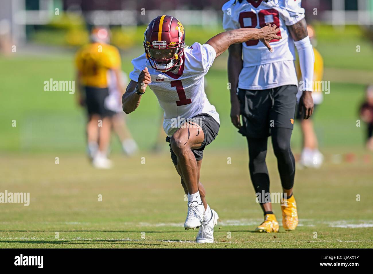 Washington Commanders wide receiver Jahan Dotson (1) runs with the ball  during practice at the team's NFL football training facility, Tuesday, May  24, 2022 in Ashburn, Va. (AP Photo/Alex Brandon Stock Photo - Alamy