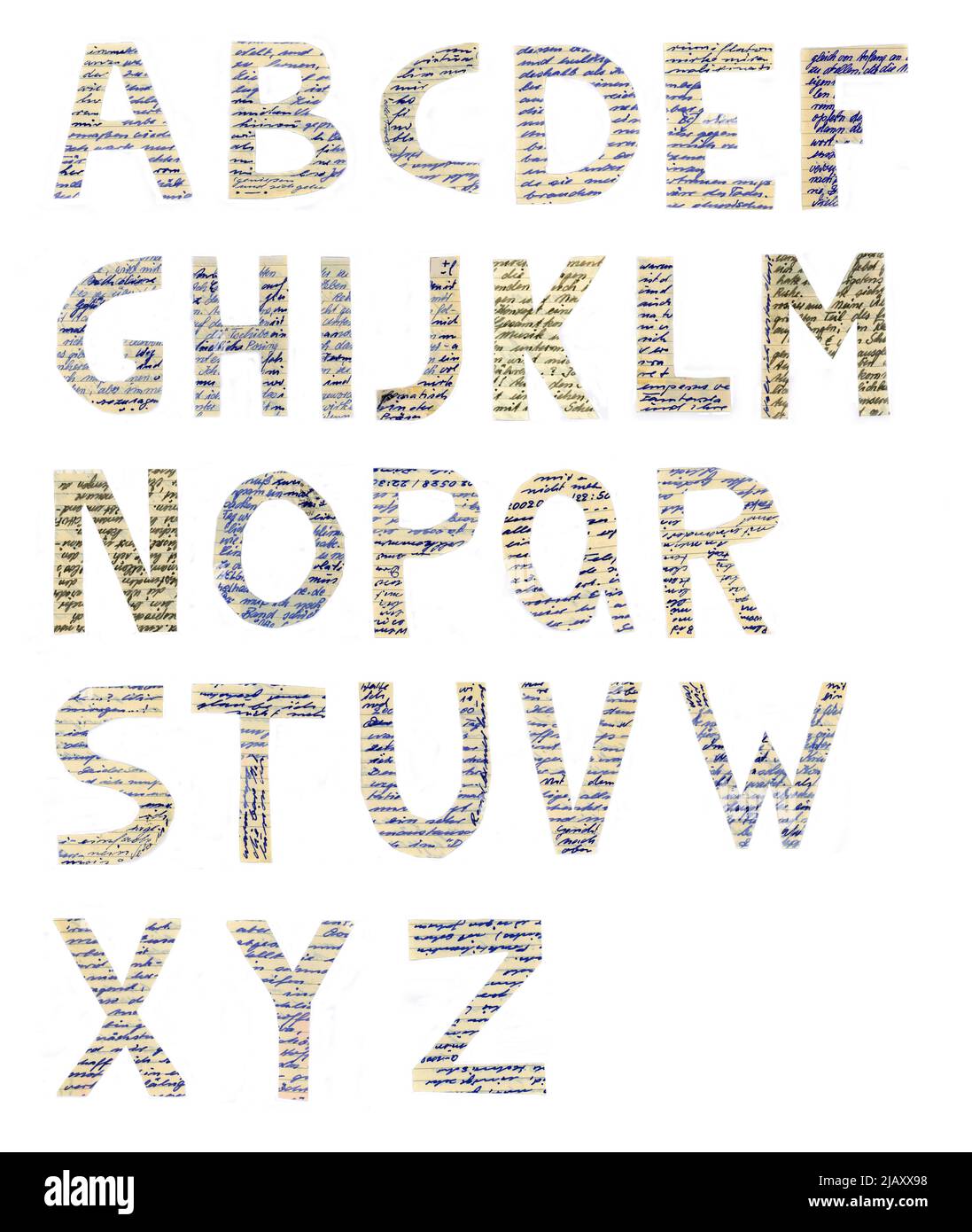 Clipped uppercase alphabet on white background. The cut pieces are from old with ink handwritten texts Stock Photo