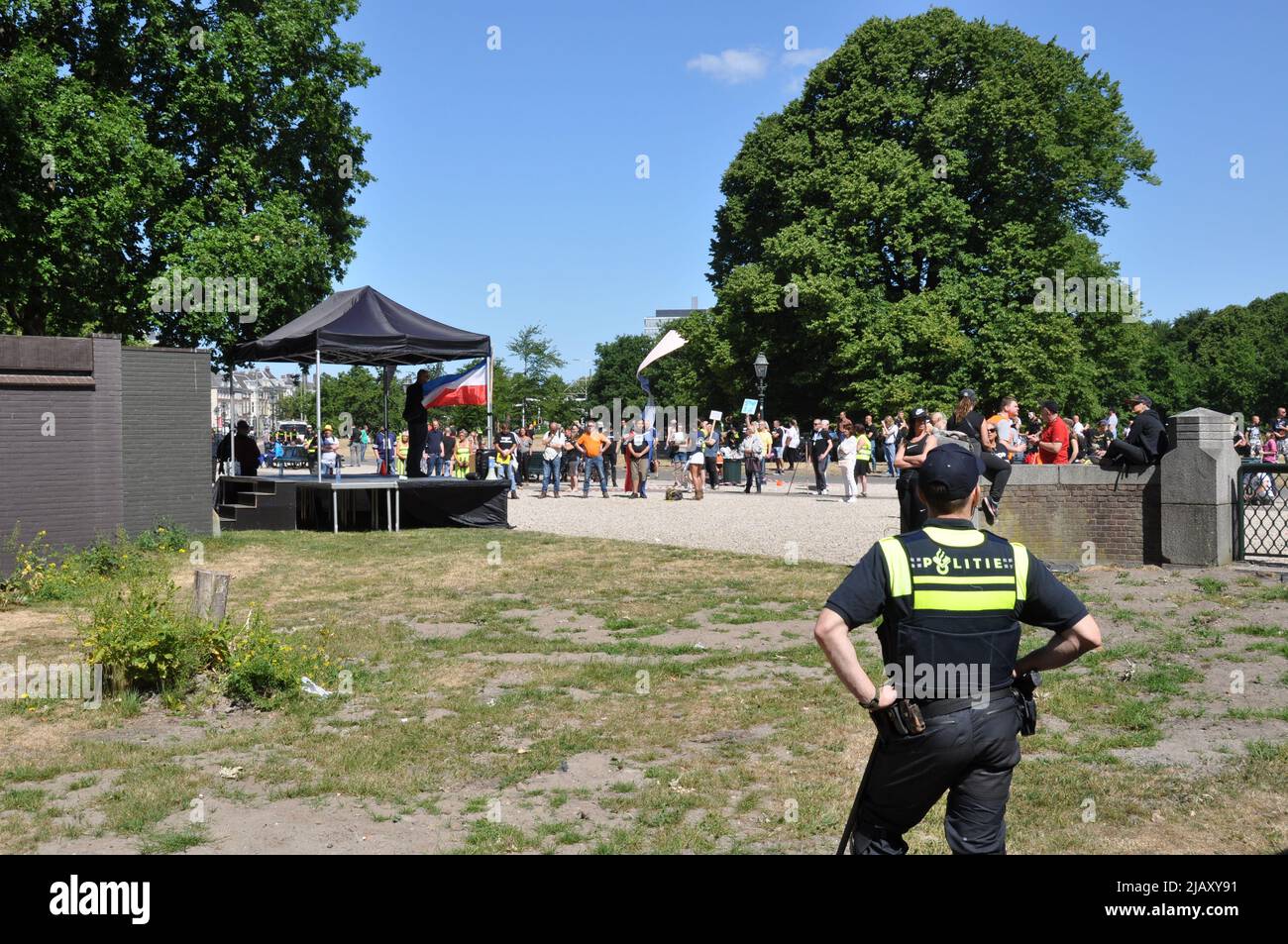 05-30-2020.Koekamp,The Hague,Netherlands.Anti lockdown protest.Because of corona measures only 30 people were allowed to protest.More people showed up,so the police broke down the demonstration.There was no violence but 37 people were arrested for not leaving the area. Stock Photo