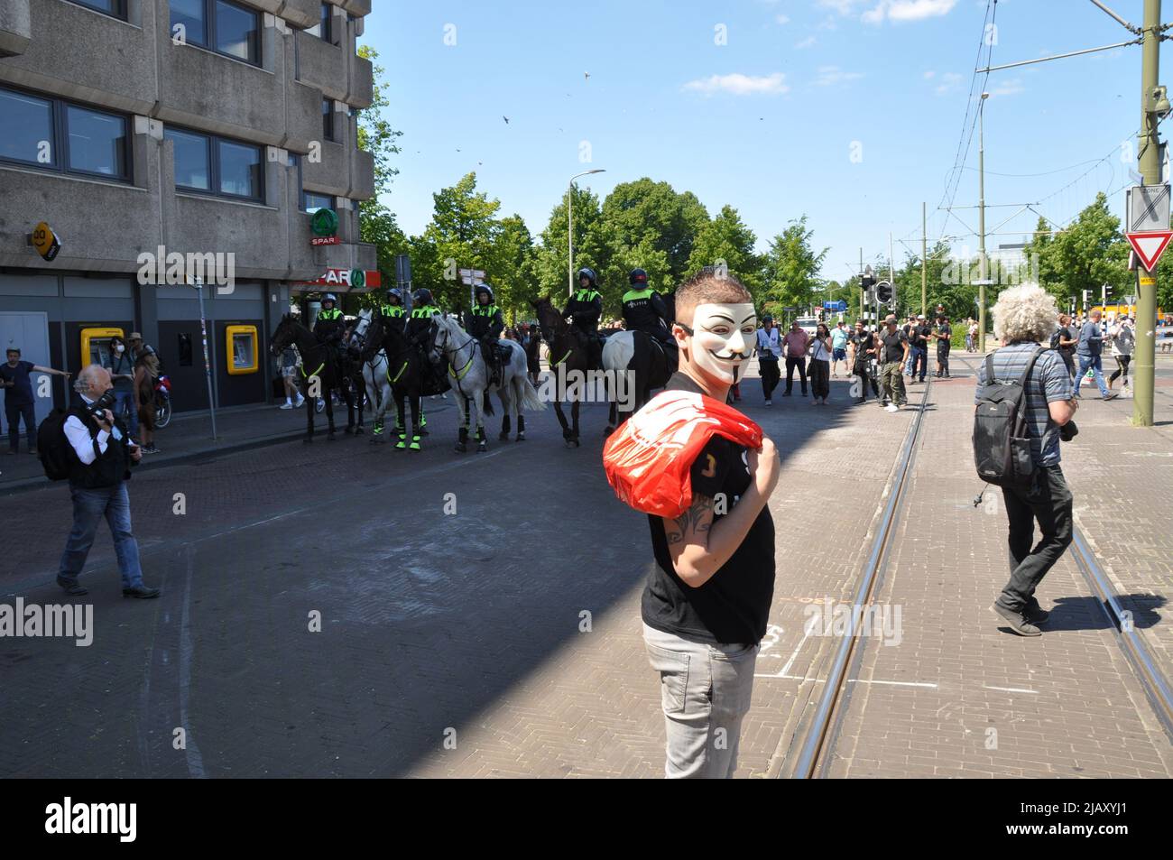 05-30-2020.Koekamp,The Hague,Netherlands.Anti lockdown protest.Because of corona measures only 30 people were allowed to protest.More people showed up,so the police broke down the demonstration.There was no violence but 37 people were arrested for not leaving the area. Stock Photo