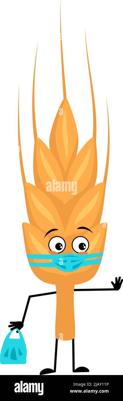 Cute ear of wheat character in medical mask and keep distance, hands with shopping bag and stop gesture. Healthy cereal with care expression and posture, vitamin rich food. Vector flat illustration Stock Vector