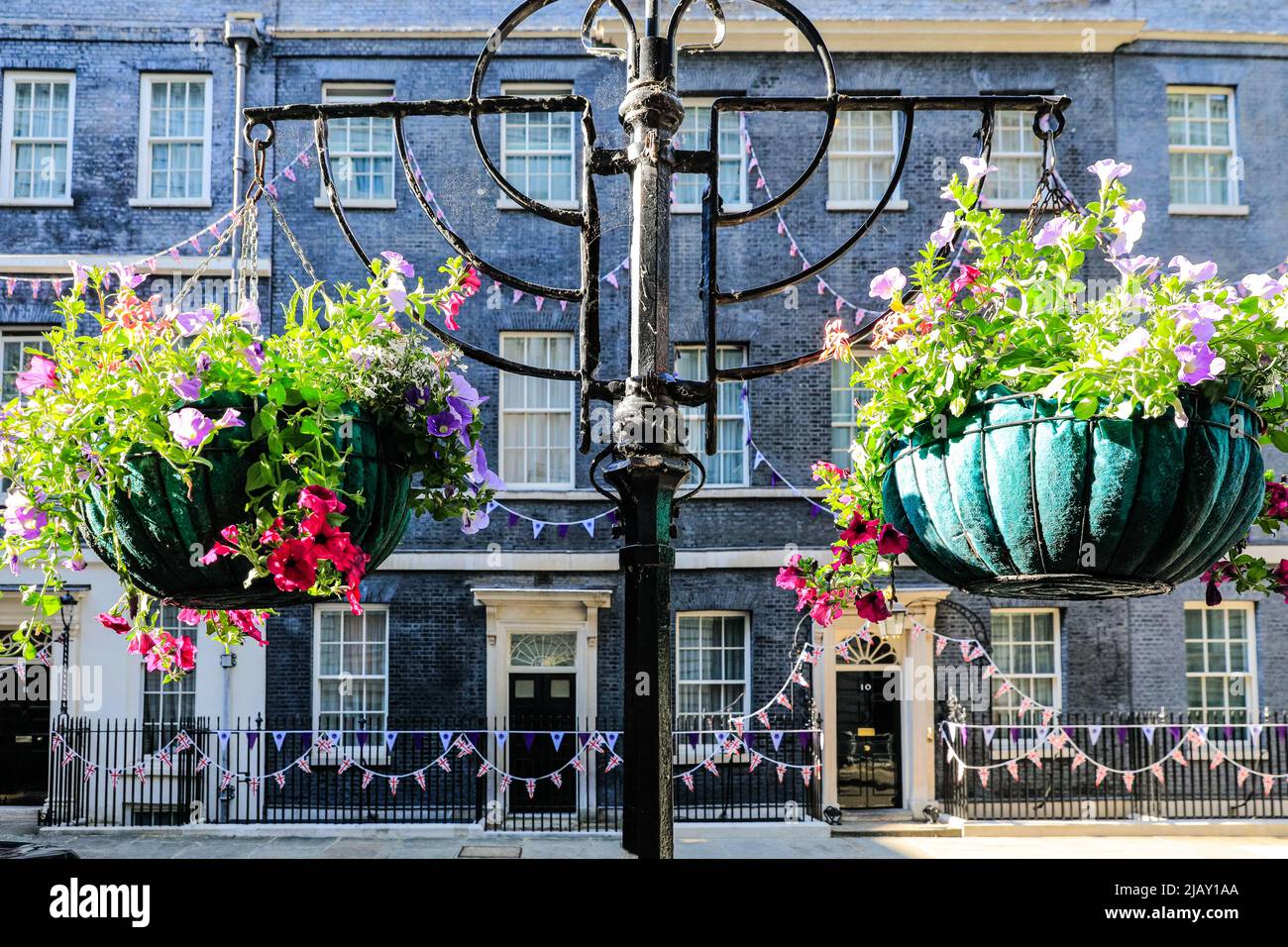 London, UK. 01st June, 2022. Bunting and flags have been put up outside No 10 and No 11 to mark the Jubilee Weekend and celebrate HM the Queen's Platinum Jubilee. Credit: Imageplotter/Alamy Live News Stock Photo
