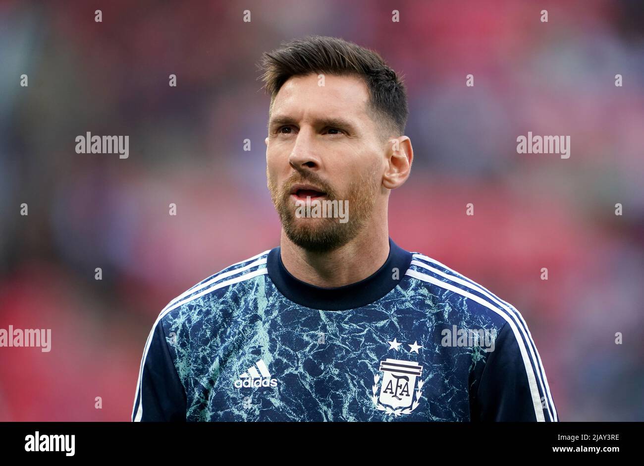 Argentina’s Lionel Messi warms up ahead of the Finalissima 2022 match at Wembley Stadium, London. Picture date: Wednesday June 1, 2022. Stock Photo