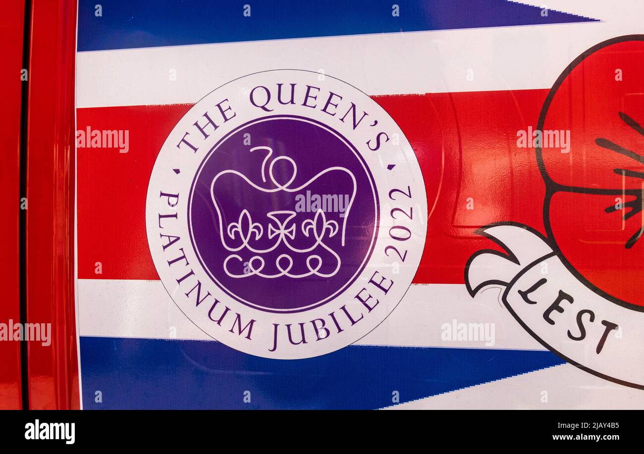 Notice of The Queen's Platinum Jubilee on the side of a van in Liverpool Stock Photo
