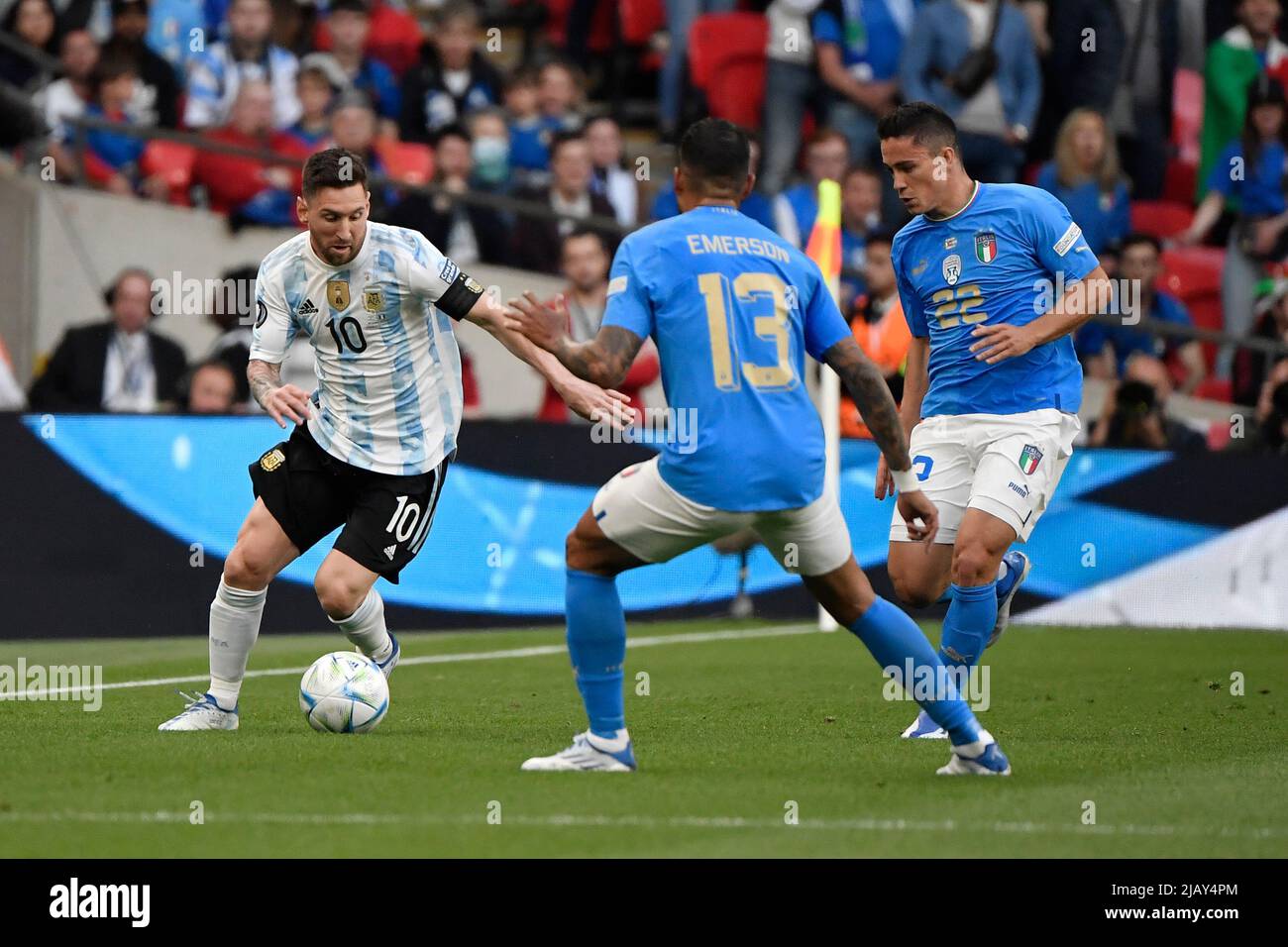 London, France. 01st June, 2022. Lionel Messi of Argentina and Emerson Palmieri Dos Santos of Italy during the Finalissima trophy 2022 football match between Italy and Argentina at Wembley stadium in London, England, June 1st, 2022. Photo Andrea Staccioli/Insidefoto Credit: insidefoto srl/Alamy Live News Stock Photo